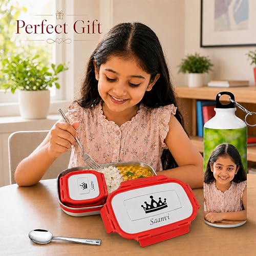 Image of SAVRI Personalized Kid Combo - Custom Photo Printed Metal Bottle & Engraved Steel Lunch Box with Spoon & Fork | Name & Character Engraved | Kids Christmas Gift, Birthday Gift, Return Gift
