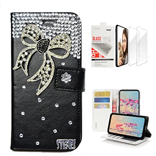 STENES Bling Wallet Case Compatible with Samsung Galaxy Note 8 - Stylish - 3D Handmade Bowknot Design Leather Case with Wrist Strap & Screen Protector [2 Pack] - Black