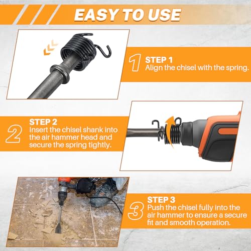 MAOPINER 10 Pcs Air Hammer Pneumatic Chisels Set, Heavy Duty High Carbon Steel Air Hammer Chisel Bits with 0.401\" (10mm) Shank for Automotive, Metalwork & Rivet Removal, Includes Spring - Thumbnail 5