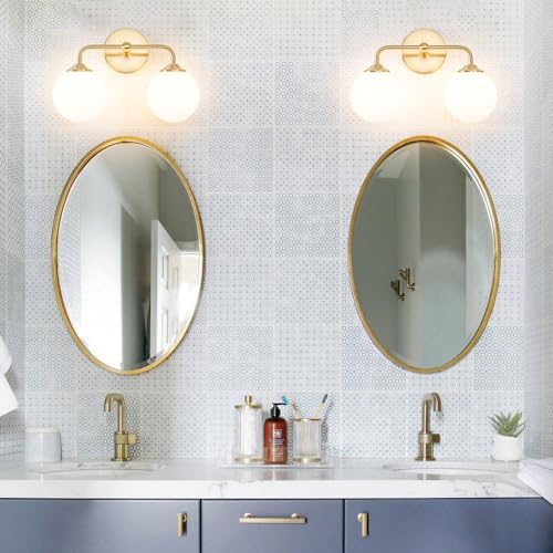 Image of Modern Gold 2-Lights Bathroom Light Fixtures, Brass Vanity Light with Milky White Globe Glass Shade, Elegant Vanity Light Fixtures over Mirror, Wall Sconce Light for Bathroom, Mirror, Dressing Table
