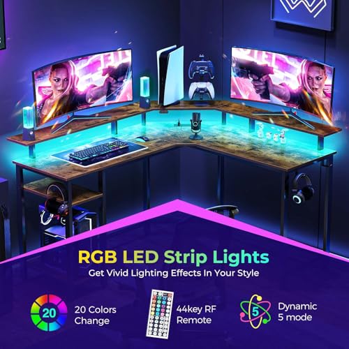 Image of Rolanstar L Shaped Gaming Desk with LED Lights & Power Outlets, 55.1 inch Computer Desk with Full Monitor Stand & Storage Shelf, Corner Desk with Hooks, Rustic Brown Desk Reversible