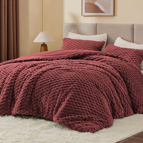 BEDELITE Fluffy King Size Comforter Set - Burgundy Fleece Soft Comforter for King Size Bed, Luxury Warm Bedding Set for Winter, Fuzzy Bed Set 3 Pieces (1 Comforter, 2 Pillowcases)