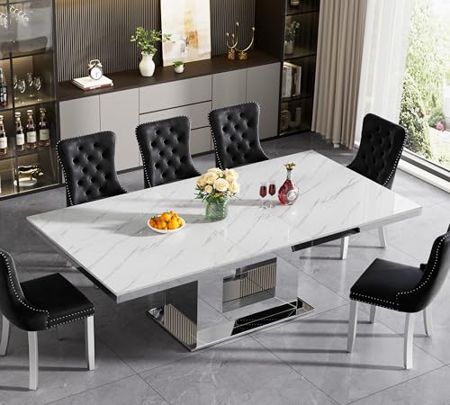 Image of 94.5 inch Rectangular Dining Table for 6 8 10, Modern White Extendable Kitchen Table, Large Long Dining Room Table with Mirrored Pedestal for Dining Kitchen Living Room