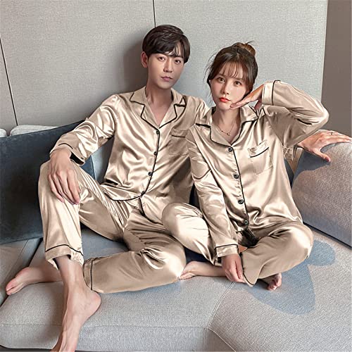 Autumn Men's Casual Pyjamas Long Sleeve Blouse Button Silk Satin Two Piece Sleepwear Suit Ladies Pajama Bottoms4