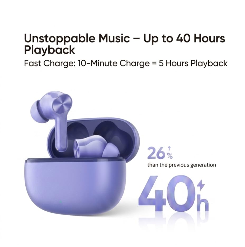 Image of Buds T200 Lite Bluetooth in Ear Earbuds,4 Mic, AI ENC for Calls,40 Hours Total Playback with Fast Charging and Ultra Low Latency Gaming TWS, Fast Pair,with mic (Aurora Purple)