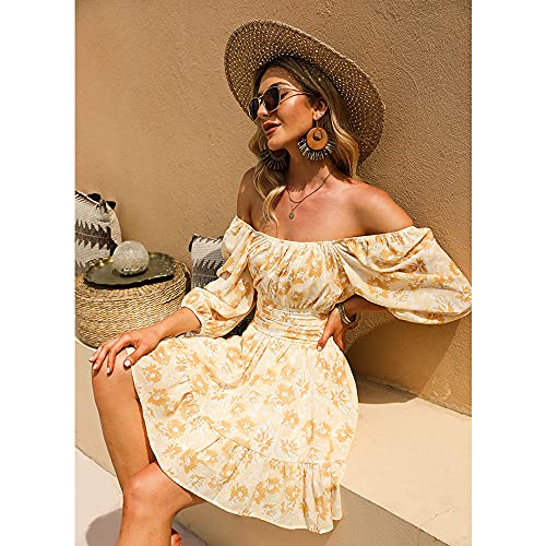 Exlura Women's Lantern Sleeve Tie Back Casual Dresses Ruffled Off Shoulder A-Line Vintage Mini Dress Yellow Floral #TOP2
