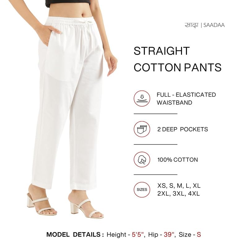 Image of SAADAA Cotton Straight Pants for Women | Breathable Everyday Wear Trousers | Drawstring, Deep Pockets & Elastic Waistband | Casual & Comfortable Fit