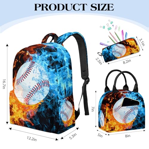 Image of Baseball Printed Backpack Set for Boys Kids, 3Pcs Bookbag with Pencil Case for school, 17 Inch Lightweight Laptop Backpack with Lunch Bag for Mens Teens Office, High School