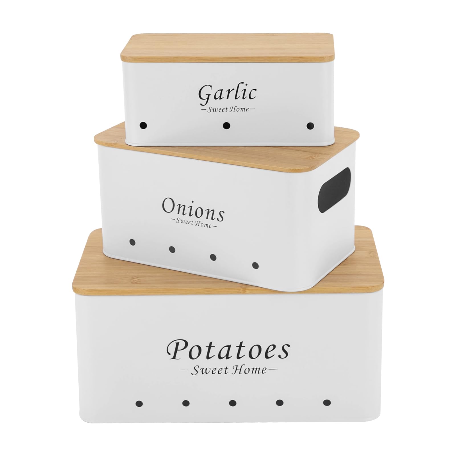 Juego de contenedores de 3 piezas, apilable, con asas ventiladas, recipiente de almacenamiento para organizar cebollas, patatas y ajos en la cámara de almacenamiento de cocina