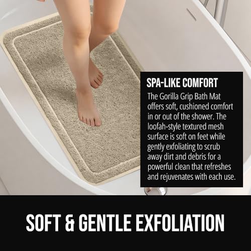 Image of GORILLA GRIP Exfoliating Bath and Shower Mat, Textured Backing, 35x16 Soft Loofah-Style Foot Scrubber for Outside or Inside Bathtub, Quick Dry Easy Drainage Tub Floor Mats, Bathroom Essentials, Beige