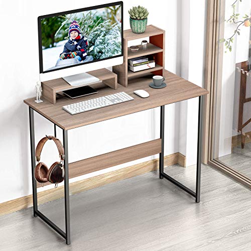Viewee 39\'\' Computer Desk with Monitor Riser | Writing Desk Small table Home Office Desk with Removable locker and Hook | Modern Student Study Desk with Stable Structure (Brown)