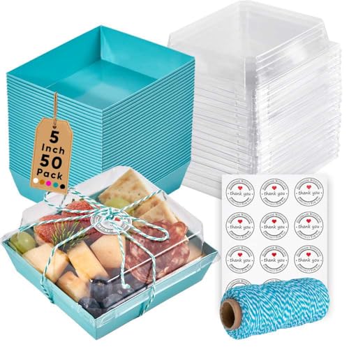 Leafiew 50 Pack Small Charcuterie Boxes with Clear Lids - To Go Paper Mini Charcuterie Box, Disposable Food Containers, 5Inch Dessert Boxes - Sandwich, Cookie, Sushi, Cake Slice, Strawberries (Blue)