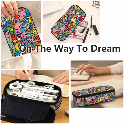 Image of Yekiua Animals Doodle Pencil Case Organizer Cute Funny Cartoons Comic Book College Office Big Capacity Pencil Bag Colorful