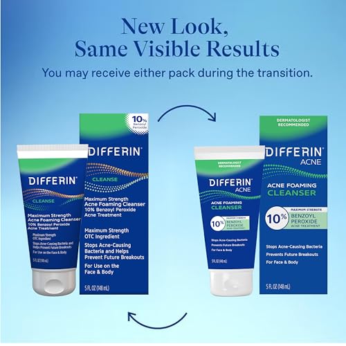 Differin Acne Face Wash with 10% Benzoyl Peroxide, Maximum Strength OTC Acne Foaming Cleanser, Fast Acting Acne Treatment for Face and Body, 5 oz.