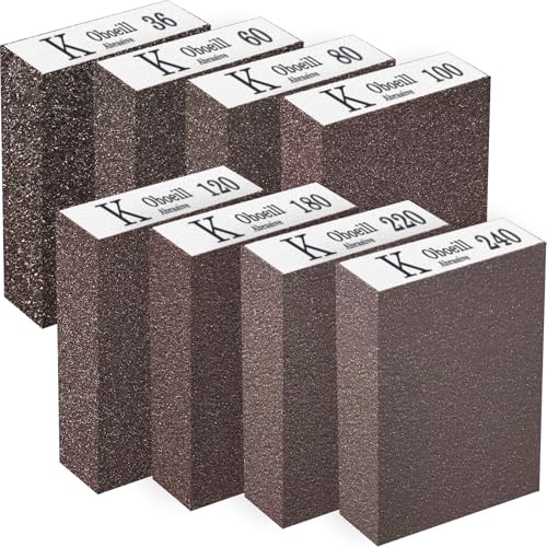 Lot de 8 éponges abrasives en bois - 36/60/80/100/120/180/220/240 - Blocs de ponçage pour bois - Lavables et réutilisables - Pour le polissage de différents matériaux