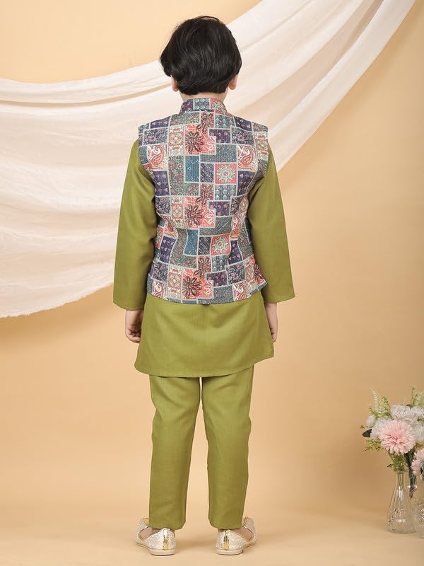 Image of superminis Boys Cotton Printed Full Sleeves Kurta Pyjama with Jacket Ethnic Wear Set