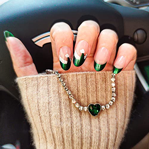 Novo Ovo Green To Blue Purple Switch Holographic Short Medium Almond French Tip Fake False Press On Nails Chrome Cap Metallic Hat Stick On Acrylic Nail Kit With Glue For Christmas St. Patrick's Day #TOP3