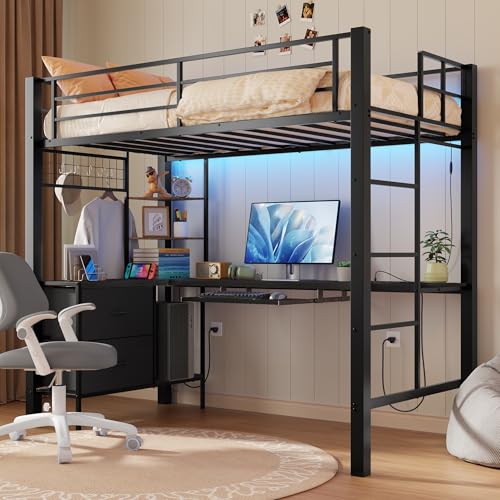 Catálogo para Comprar On-line Literas Metalicas disponible en línea. 47 MAMALAND Litera Alta con Escritorio en Forma de L y luz LED, Estación de Carga, Estante de Almacenamiento, Marco de Cama Alta de Metal Resistente, Protección de Seguridad y...