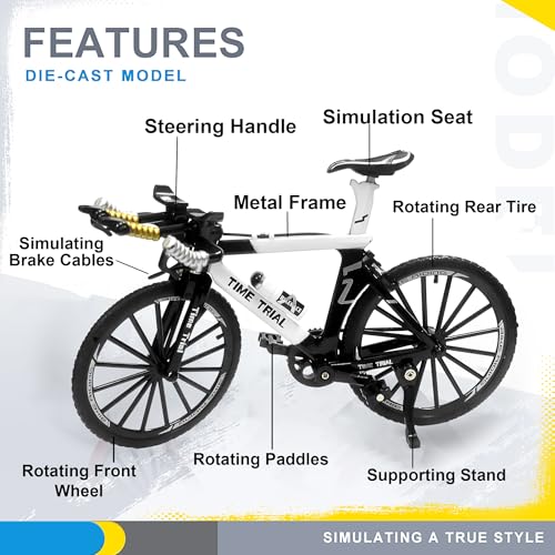 Image of VGRASSP 1:8 Scale Die Cast Racing Bicycle Toy for Kids - The Alloy Metal Off-Road Decorative Showpiece Realistic Design Bike Features Moveable and Rotating Handle, Wheels, Pedals (Black-White)