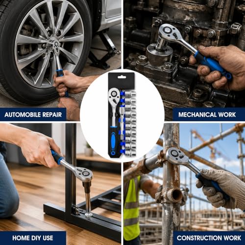 Image of Inditrust 12 in 1 Heavy Duty 1 /2 Inch Socket Set | Chrome Vanadium Steel Ratchet Socket Wrench Spanner Kit | Soft Grip Handle | 12Pc Hand Tool Kit for Car Bike Mechanic Garage & Home Repair