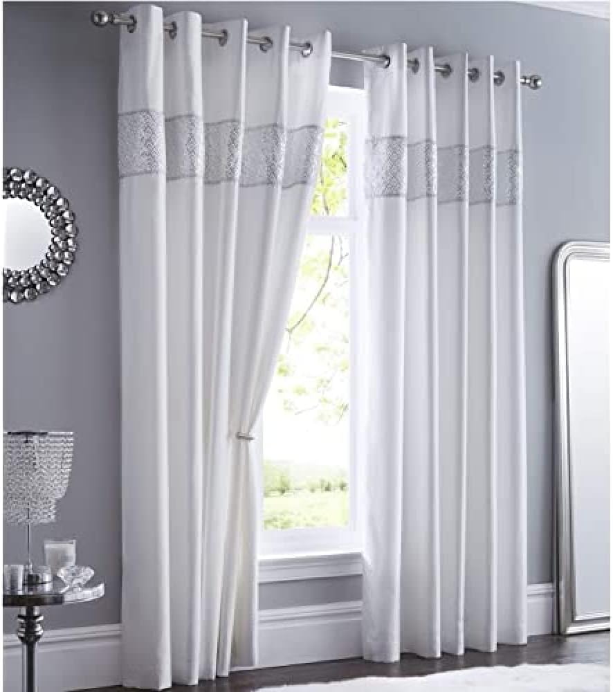 Portfolio Sequin Diamante Eyelet Ring Top Fully Lined Curtains 66" X 72", White, 66'' x 72''