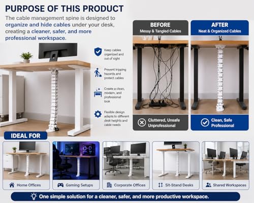 Image of Cable Management Kit, Adjustable Quad Entry Flexible Spine Wire Organiser, Desk Cord Snake System for Home Office, Computer, TV and Workstation (25 Cord Snake - Black)