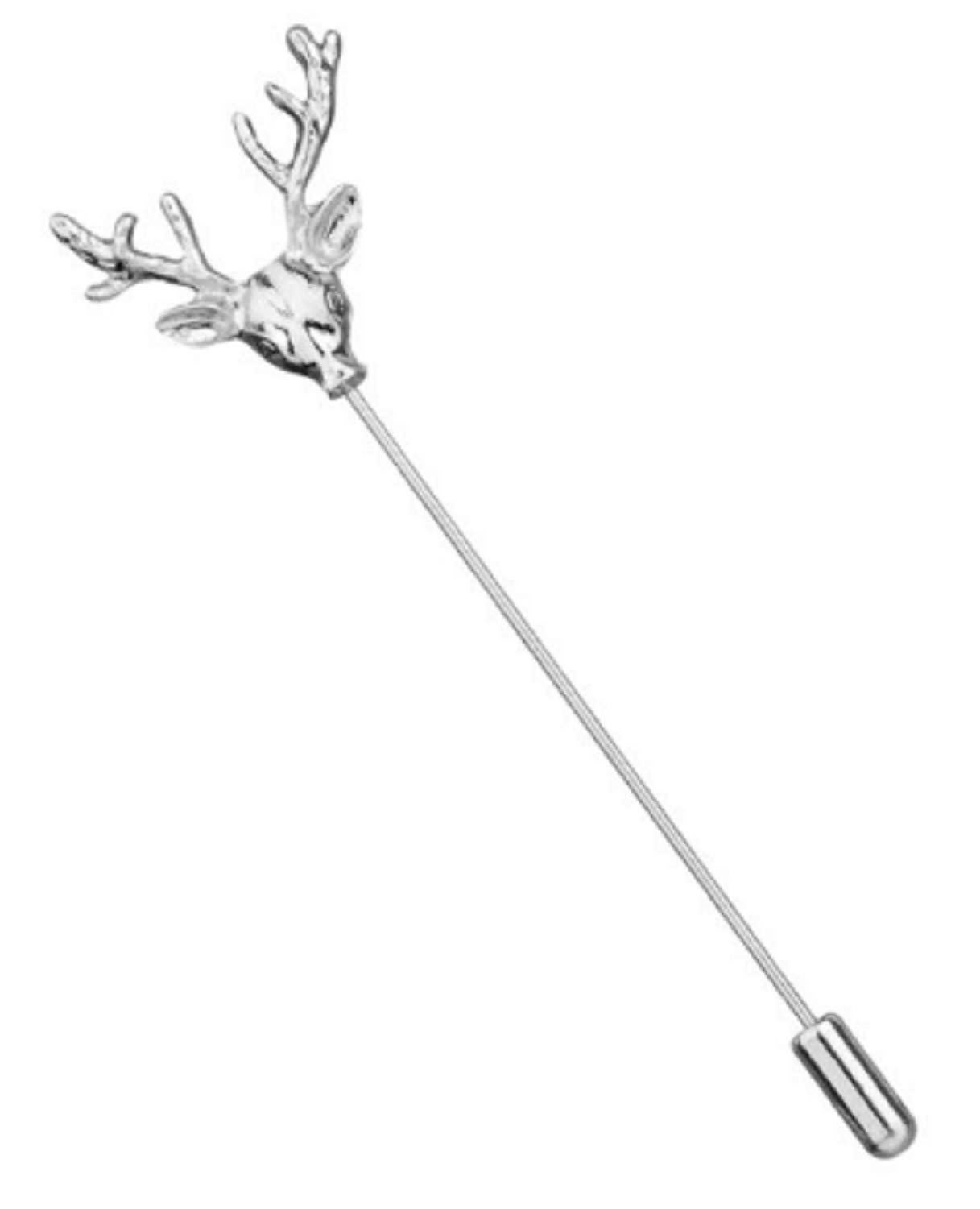 GenericBMC-Designs Silver Stag Brooch Broach Lapel Pin Hat Collar Pin Stick Deer Elk Head 8.5cm Long UK Seller
