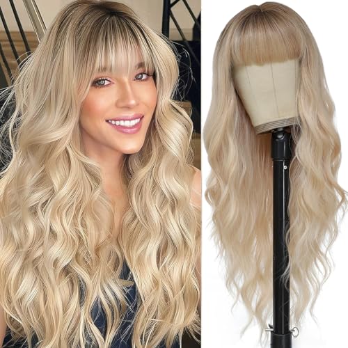 MINSEEYOO Blonde Wig with Bangs for Women Long Blonde Wavy