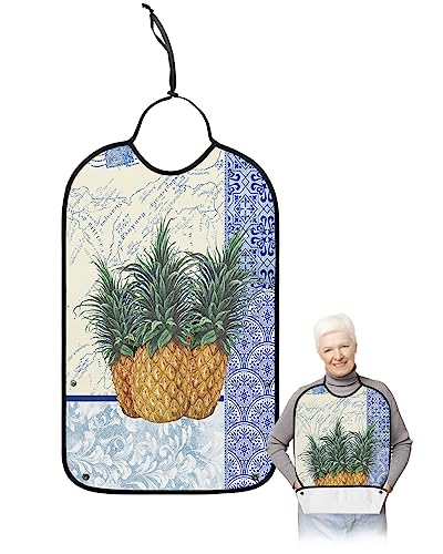 Summer Fruits Adult Bibs for Eating, Waterproof Bibs with Food Catcher & Adjustable Snap Closure, Farmhouse Blue and White Porcelain Washable Clothing Protectors Adult Bibs for Elderly Women/Men