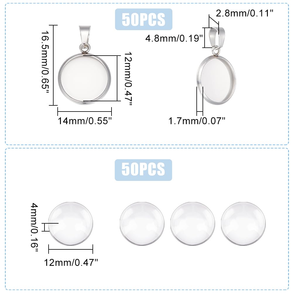 UNICRAFTALE 50 Sets Blank Dome Cabochon Pendants 304 Stainless Steel Round Cabochon Necklace Charms with Pinch Bails 12mm Blanks Bezel Pendant Trays with Glass Cabochon for DIY Jewelry Making - Image 3