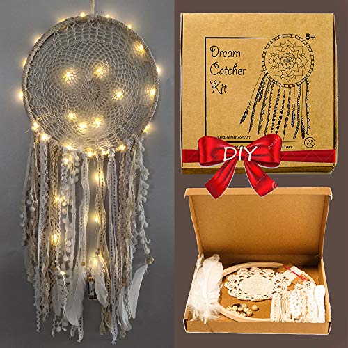 Mandala Life ART DIY LED Dream Catcher Kit 12x30 inches - Make Your Own Bohemian Wall Hanging with All-Natural Materials - Creative Activity Set Includes Premium Lace, Yarn, Feathers and Wooden Hoop