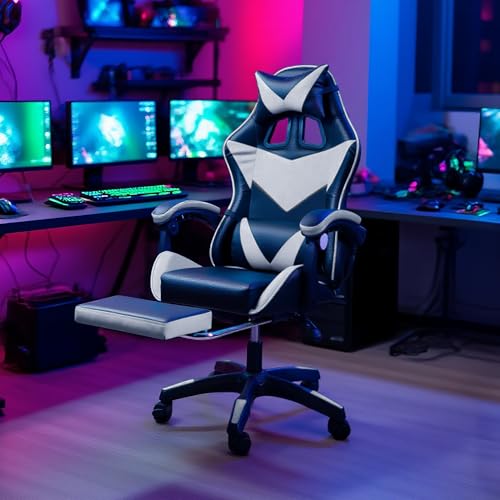 Ergonomic Gaming Chair with Footrest - Adjustable Reclining Office Computer Desk Chair with Headrest, Lumbar Support, and Faux Leather Upholstery (Black+white) - Image 3