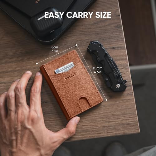 Image of VULKIT Bifold Front Pocket Slim Wallet RFID Blocking Minimalist Thin Genuine Leather Credit Card Holder Wallet for Men and Women Litchi Brown