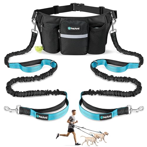 PetAmi Premium Hands Free Dog Leash for 2 Dogs, Adjustable Waist Belt Leash for Dog Walking, Fanny Pack Accessories Bag Dual Bungee Leash for Running, Hiking, Jogging, Biking, Black by PetAmi - Used condition - US$24.80