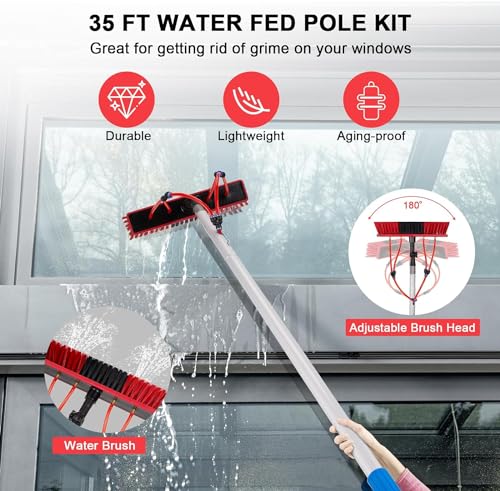 Image of Solar Panels Brush Cleaning Kit 35 FT Adjustable Water Fed Pole 20M Hose & 180 Rotating BrushHead, Washing Equipment Window Cleaner Tool for Solar Panel Roof Car