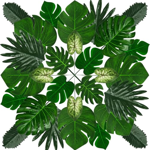 QUOZUO Tropical Party Decorations, 50 Pieces 7 Kinds Green Palm Leaves Artificial Tropical Monstera with Stem for Jungle Hawaiian Luau Party Table Decoration Wedding Birthday Theme Party Decorations