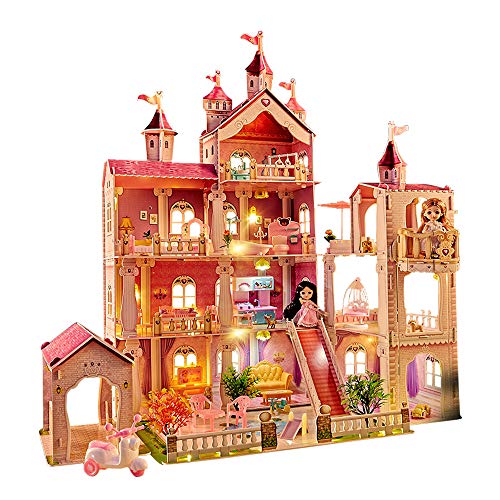 TOYROOM Dollhouse with Furniture Accessories Large Castle 4-Story 11 Rooms Pretend Play Doll House Pink Dreamhouse Elevator for Toddlers 1:12 Scale Playset Perfect Toddler Girls Kids' Toy