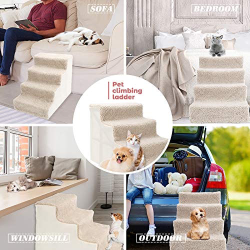 Kphico Plastic Dog Stairs,4 Steps Wide Pet Stairs,Dog Ramp/Ladder Best For Older Dogs&Cats Joint Pain Climbing Couch And Bed,Removable And Washable Cover-Send 1 Pet Grooming Gloves & Dog Rope Ball #TOP6