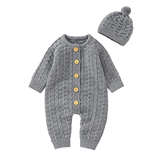 Newborn Boy Knitted Sweater Long Sleeve Button Down Outfit with Kids Winter Warm Hats Set Baby Girls Cute Birthday Clothes