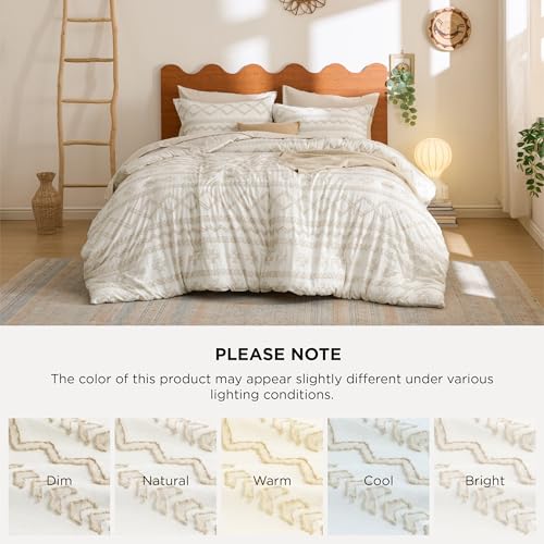 Image of Bedsure Tufted Boho Comforter Set Queen Size - Beige Boho Bed Set, GentleSoft 3 Pieces Farmhouse Distressed Vintage, Home Decor Bedding, Gifts for Woman, Soft Jacquard Queen Comforter for All Seasons