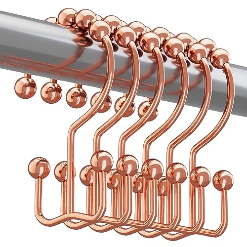 Image of Titanker Shower Curtain Hooks Rings Rust Resistant Metal Double Glide Shower Hooks Rings for Bathroom Shower Rods Curtains, Set of 12 Hooks - Rose Gold