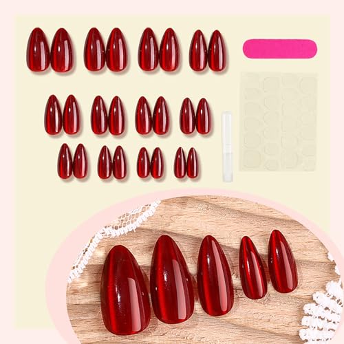 Red Press on Nails - Burgundy False Nails with Glue - 24PCS Cat Eye Fake nails - Medium Almond Stick on Nails - Full Cover Acrylic Nail Tips - Glue on nails for Women DIY French Manicure at Home