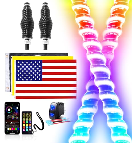 Tavaray 2PCS 3FT COB Whip Lights with APP & Remote Control, LED Whip Lights w/DIY Chasing Patterns Stop Turn Reverse Modes Control Waterproof Flag Pole Light for ATV RZR UTV Dune Buggy Can-Am