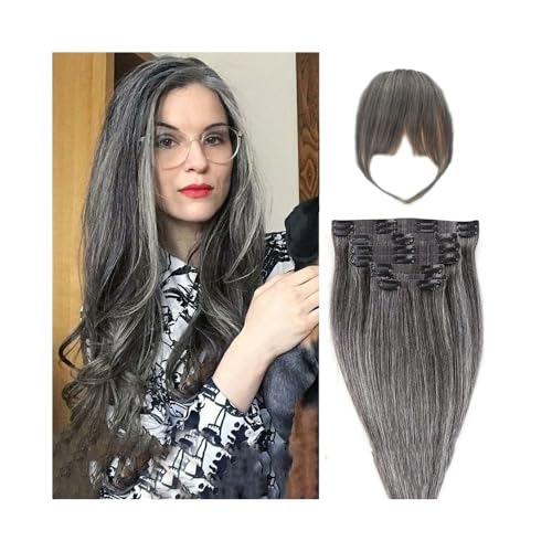 Extensiones de cabello natural Remy con clip, gris degradado liso y grueso de 14 pulgadas