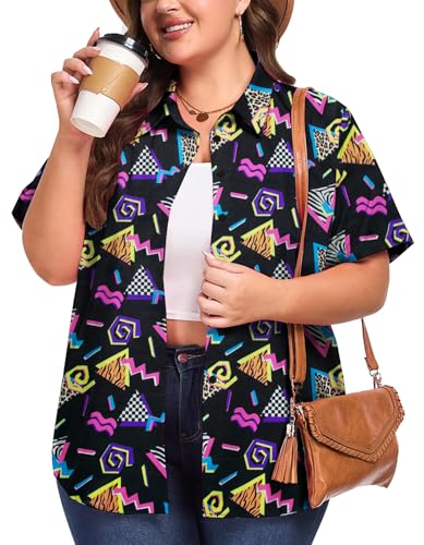 Plus Size 80s 90s Outfits for Women 90s Theme Party Disco Shirt 80s Hawaiian T-Shirt Retro Neon Button Down Blouse Tops