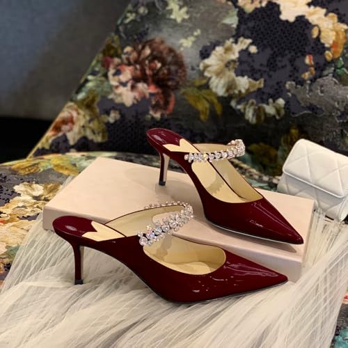 Image of XINIUNIU Heeled Mules for Women Rhinestone Heels Pointed Toe Slip On 2.5 Inch Kitten Stiletto Closed Toe Sandals Dress Wedding Pump Shoes