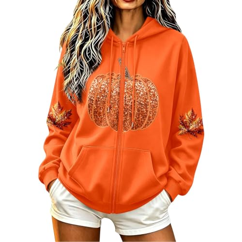 Generisch Women's Halloween Hoodie with Zipper, Fleece Sweatshirt, Long Sleeve Sporty Pullover Jacket with Pockets, Winter Outdoor Top, orange, L