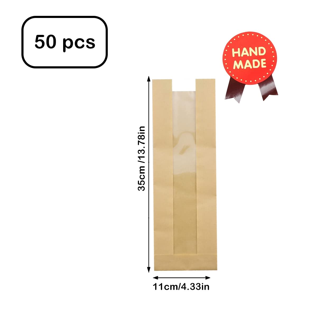 French Bread Bags 50Pieces Bakery Bags with Window Large Baguette Bread Bags Kraft Paper Loaf Packaging Bread Storage Bags For Long Breads Homemade Bread with Seal Sticker (14inch Kraft 50PCS)
