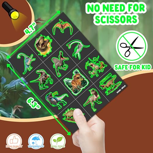 Image of 96 PCS Dinosaur 3D Pre-Cut Luminous Glow in the dark Temporary Tattoos | Super Cute Themed Birthday Party Favors, Supplies, Decorations, Funny Jungle Fake Tattoo, Gifts for Boys Girls