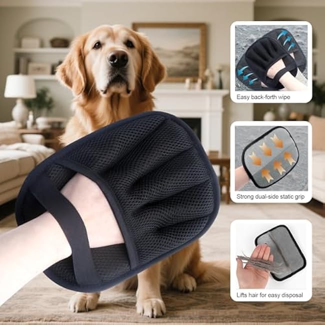 2Pcs Pet Hair Removal Glove for Cats & Dogs, with 2Pcs Toothbrush, Upgraded Five-Finger Electrostatic Pet Hair Gloves, Washable Reusable Pet Hair Remover Tool for Clothing, Couch, Carpet, Car Seat-3DWu8fxk